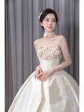 Unique Ball Gown Starpless Satin Applique Long Wedding Dresses HZ1024