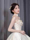 Unique Ball Gown Starpless Satin Applique Long Wedding Dresses HZ1024