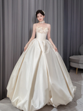 Unique Ball Gown Starpless Satin Applique Long Wedding Dresses HZ1024