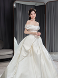 Simple Classy Ball Gown Off The Shoulder Satin Long Wedding Dresses HZ1024