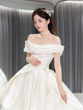 Simple Classy Ball Gown Off The Shoulder Satin Long Wedding Dresses HZ1024