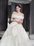 Simple Classy Ball Gown Off The Shoulder Satin Long Wedding Dresses HZ1024