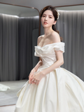 Simple Classy Ball Gown Off The Shoulder Satin Long Wedding Dresses HZ1024
