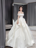 Simple Classy Ball Gown Off The Shoulder Satin Long Wedding Dresses HZ1024