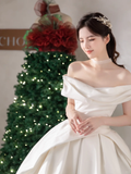 Simple Classy Ball Gown Off The Shoulder Satin Long Wedding Dresses HZ1024