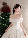 Simple Classy Ball Gown Off The Shoulder Satin Long Wedding Dresses HZ1024