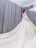Dreamy Ball Gown Strapless Satin Back With Bow Long Wedding Dresses HZ1024