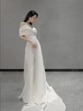 Unique A Line Spaghetti Straps Satin Long Wedding Dresses HZ1024