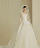 Elegant Ball Gown Strapless Satin Tulle Beaded With Veil Long Wedding Dresses HZ1024