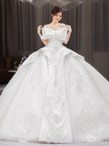 Unique Ball Gown Strapless Satin Tulle Lace Sequin Beaded With Bow Long Wedding Dresses HZ1024