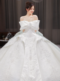 Unique Ball Gown Strapless Satin Tulle Lace Sequin Beaded With Bow Long Wedding Dresses HZ1024
