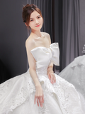 Unique Ball Gown Strapless Satin Tulle Lace Sequin Beaded With Bow Long Wedding Dresses HZ1024