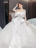 Unique Ball Gown Strapless Satin Tulle Lace Sequin Beaded With Bow Long Wedding Dresses HZ1024