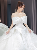 Unique Ball Gown Strapless Satin Tulle Lace Sequin Beaded With Bow Long Wedding Dresses HZ1024