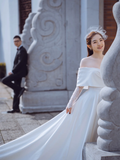 Elegant A Line Off The Shouder Satin Lace Long Sleeves Long Wedding Dresses HZ1024