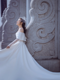 Elegant A Line Off The Shouder Satin Lace Long Sleeves Long Wedding Dresses HZ1024