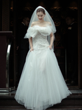 Pretty A Line Off The Shouder Tulle Lace With Veil Long Wedding Dresses HZ1024