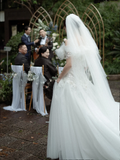 Pretty A Line Off The Shouder Tulle Lace With Veil Long Wedding Dresses HZ1024