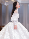 Unique Ball Gown Tulle Lace Applique Long Sleeves Long Wedding Dresses HZ1024