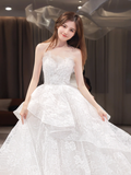 Dreamy Ball Gown Strapless Lace Long Wedding Dresses HZ1024