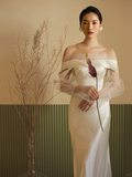 Chic Mermaid Off The Shoulder Satin Tulle Long Sleeves Long Wedding Dresses HZ1024