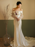 Chic Mermaid Off The Shoulder Satin Tulle Long Sleeves Long Wedding Dresses HZ1024