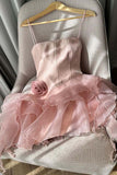 Spaghetti Straps Sleeveless Floral Tulle Satin A-Line Mini Homecoming Dress HZ1024