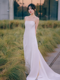 Elegant A Line Spaghetti Straps Satin Long Wedding Dresses HZ1024