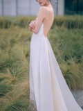 Elegant A Line Spaghetti Straps Satin Long Wedding Dresses HZ1024