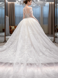 Dreamy Ball Gown Tulle Applique Long Sleeves With Veil Long Wedding Dresses HZ1024