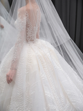 Dreamy Ball Gown Tulle Applique Long Sleeves With Veil Long Wedding Dresses HZ1024