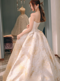 Dreamy Ball Gown Strapless Satin Beaded Long Wedding Dresses HZ1024