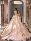 Dreamy Ball Gown Strapless Satin Beaded Long Wedding Dresses HZ1024