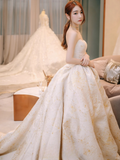 Dreamy Ball Gown Strapless Satin Beaded Long Wedding Dresses HZ1024