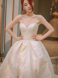 Dreamy Ball Gown Strapless Satin Beaded Long Wedding Dresses HZ1024