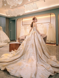 Dreamy Ball Gown Strapless Satin Beaded Long Wedding Dresses HZ1024
