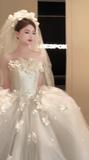 Pretty Ball Gown Strapless Satin Tulle Applique With Veil Long Wedding Dresses HZ1024