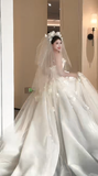 Pretty Ball Gown Strapless Satin Tulle Applique With Veil Long Wedding Dresses HZ1024