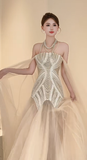 Chic Mermaid Strapless Tulle Lace Beaded Long Wedding Dresses HZ1024