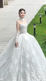 Sweet Ball Gown Strapless Tulle Lace With Sleeves Veil Long Wedding Dresses HZ1024