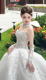 Sweet Ball Gown Strapless Tulle Lace With Sleeves Veil Long Wedding Dresses HZ1024