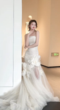 Unique Mermaid Strapless Tulle Flowers Applqiue Long Wedding Dresses HZ1024