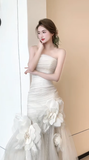 Unique Mermaid Strapless Tulle Flowers Applqiue Long Wedding Dresses HZ1024