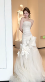 Unique Mermaid Strapless Tulle Flowers Applqiue Long Wedding Dresses HZ1024