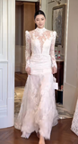 Dreamy Mermaid White Satin Tulle Lace Long Sleeves Long Wedding Dresses HZ1024