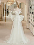 Pretty Mermaid Off The Shoulder Tulle Applique Back With Bow Long Wedding Dresses HZ1024