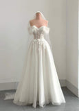 Pretty A Line Off The Shoulder Tulle Sequin Applique With Veil Long Wedding Dresses HZ1024