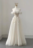 Unique A Line Off The Shoulder Tulle Sequin Applique Feather Long Wedding Dresses HZ1024