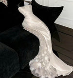 Unique Mermaid Spaghetti Straps Satin Tulle Applique Long Wedding Dresses HZ1024