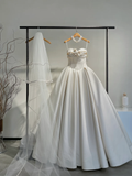 Elegant Ball Gown Spaghetti Straps Satin Flower With Veil Long Wedding Dresses HZ1024
